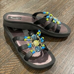 Grandco Black Multi-colored Slide Sandals with Blue & Lime Accents Size 11
